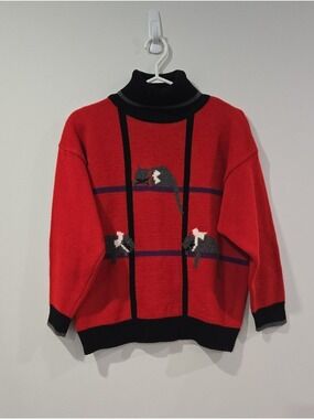 Retro 80's /90's Red Cat-Pattern Turtleneck Beaded Sweater